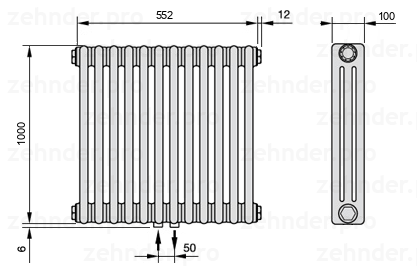 Схема (чертеж) Радиатор Zehnder Charleston 3100/12 №3470 Белый глянцевый RAL 9016